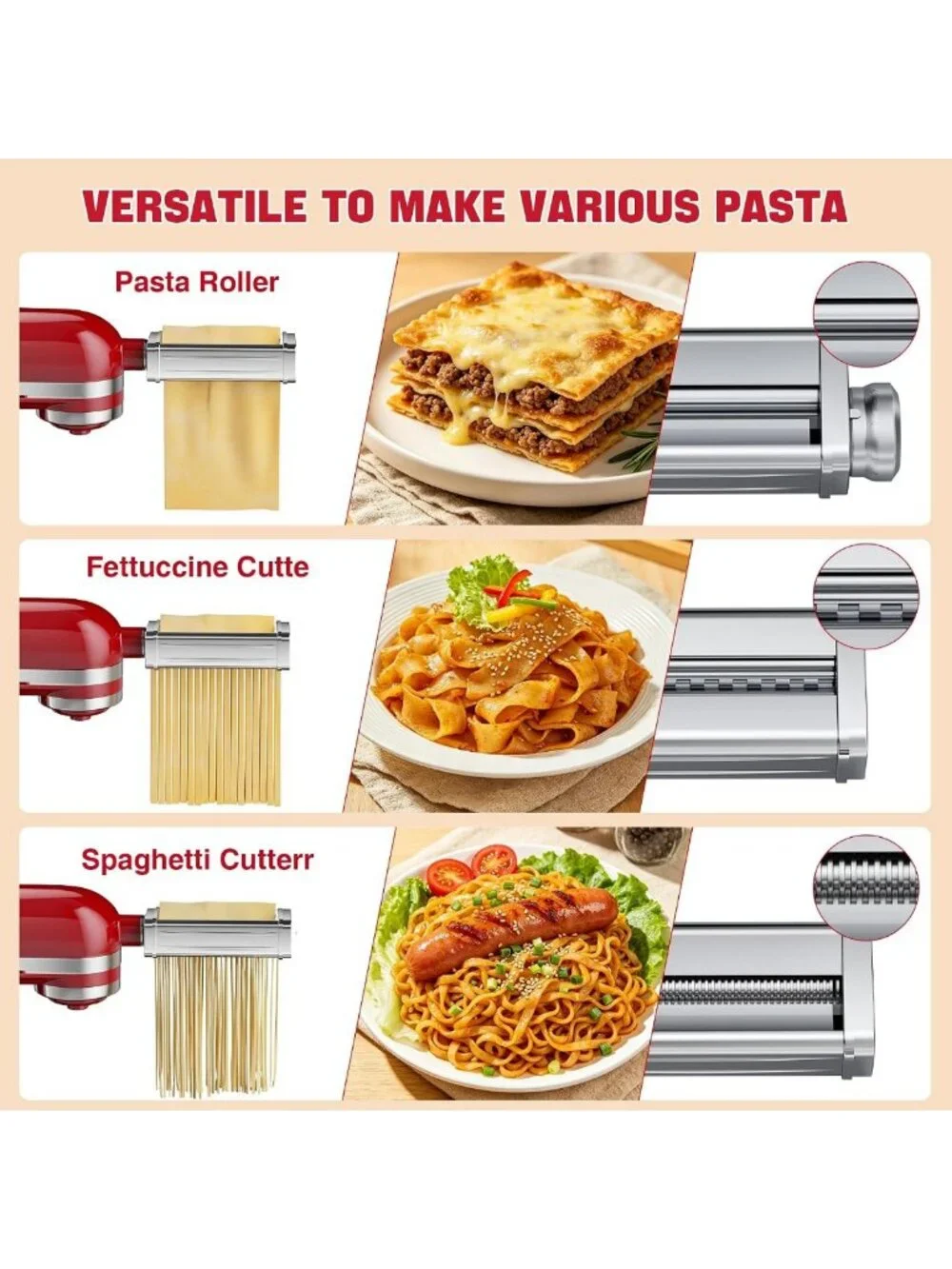 3PCS Stainless Steel Pasta Maker Set for Stand Mixers, Adjustable Thickness